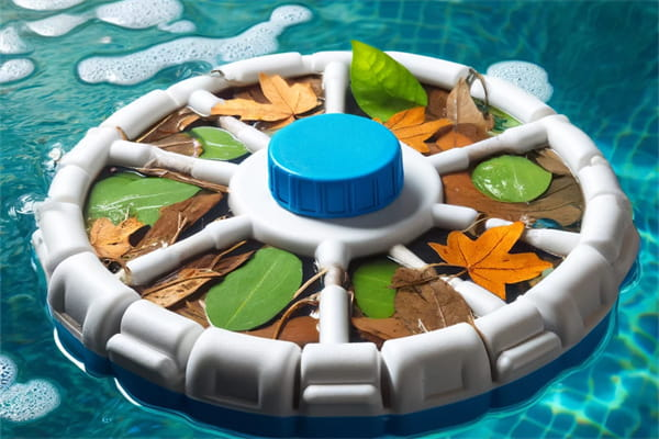 The floating chlorine is piled with leaves.